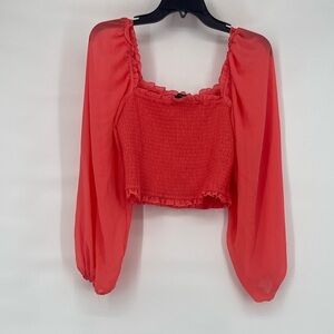 Forever 21 coral pink smocked puff sleeve crop blouse